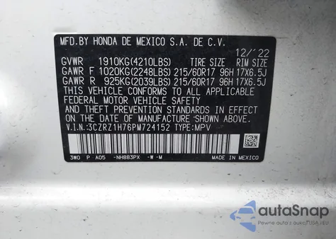 2023 Honda Hr-V Exl z USA, uszkodzony, nr VIN 3CZRZ1H76PM724152